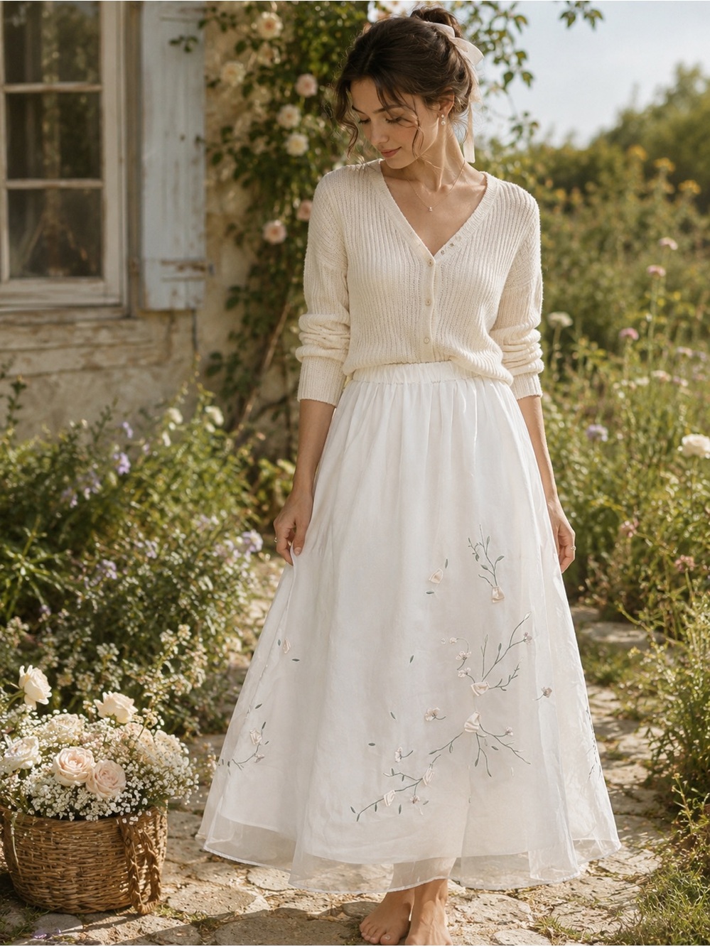 Romantic Cottagecore 3D Floral Embroidered Midi Skirt